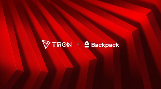 A promotional graphic with a red geometric background displaying the logos for 'TRON' and 'Backpack' indicating a partnership or collaboration.