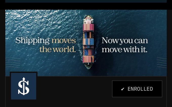 An aerial view of a container ship sailing through deep blue waters, overlaid with the text "Shipping moves the world. Now you can move with it." The SHIP logo appears in the lower left, with an "ENROLLED" button in the lower right, visually reinforcing the post's message about leveraging real-world maritime shipping infrastructure rather than imposing blockchain onto the industry.