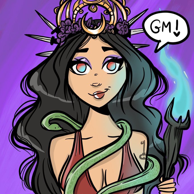 A stylized digital illustration of a dark-haired anime-style character with red eyes wearing an ornate golden crown, holding a torch with blue flames and a green snake, accompanied by a 'GM!' speech bubble.