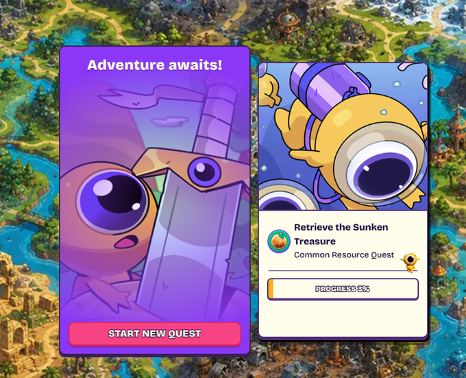 A screenshot of the Everdraw.io quest interface displays an "Adventure awaits!" prompt with a "START NEW QUEST" button alongside an active quest titled "Retrieve the Sunken Treasure," which is a Common Resource Quest currently at 3% progress, reflecting the user's current step of completing tasks on the platform.