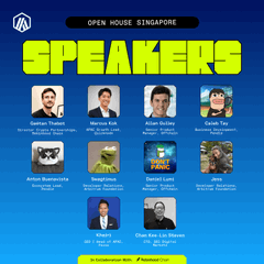 A bright blue promotional poster reads “OPEN HOUSE SINGAPORE” and “SPEAKERS,” with a grid of 12 speaker headshots and names, plus a Robinhood Chain logo in the upper-left. It announces the Arbitrum Founder House event in collaboration with Robinhood Chain in Singapore and highlights featured speakers and mentors including GThabot, Khairi, vibegrower, QuickNode, Caleb, and Pendle.