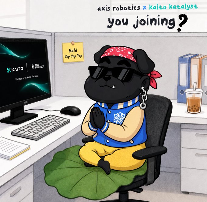 A cartoon illustration of a black dog wearing a red bandana, sunglasses, and a blue jacket, sitting in a meditation pose at an office desk with a computer displaying 'KAITO | AXIS ROBOTICS' and a sticky note reading 'Bald Yap Yap Yap' under the text 'axis robotics x kaito katalyst you joining?'.