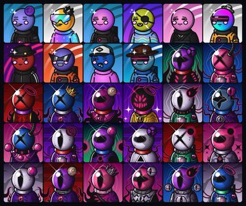 A 5x5 grid of stylized cartoon character NFTs with X-shaped eyes displayed in various neon color schemes. The image visually complements the post by showcasing the cleaned-up, square NFT collection layout without the previously mentioned header.
