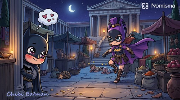 The image features a cartoon scene with two characters, one dressed as Batman and another as a girl wearing a purple cape and mask. The Batman character is standing behind the girl, while she appears to be running away from him. There are also some text elements in the image that provide additional information about the post or the network it belongs to.