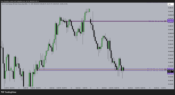 A 4-hour candlestick chart of Micro E-mini Nasdaq 100 Index Futures (MNQ1!) on July 14th shows price action declining sharply from a high near 30,000 down to a key support zone around 25,470, where the "NDOG hit" reference indicates price reached a notable demand area.