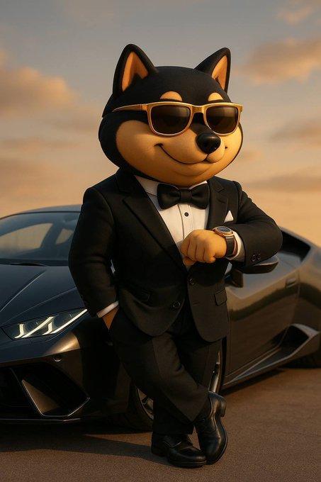 An anthropomorphic dog character dressed in a black tuxedo and sunglasses leans against a black sports car at sunset.