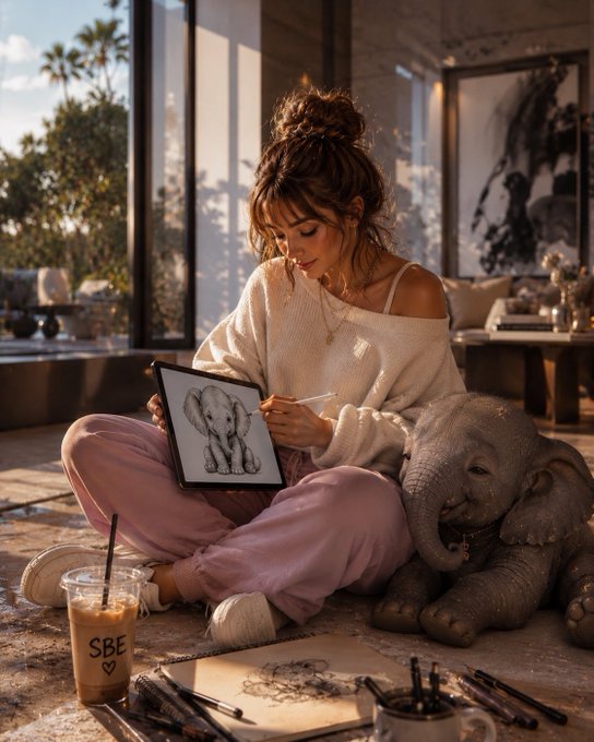 A young woman with a bun sits on the floor drawing a picture of an elephant on a tablet, next to a stuffed elephant toy and an iced coffee with 'SBE' written on the cup.