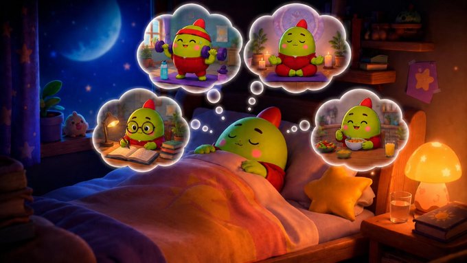 The image features a cartoon green character named Sleepagotchi who is shown lying down in bed with his eyes closed while holding a book. The scene depicts a peaceful night's sleep for the character. The caption below the image reads, "Fresh Morning, Everyone! Happy Friday Good sleep is not only a state of rest but an element of a good lifestyle". This post emphasizes the importance of establishing healthy sleeping habits and enjoying the benefits that come with it.