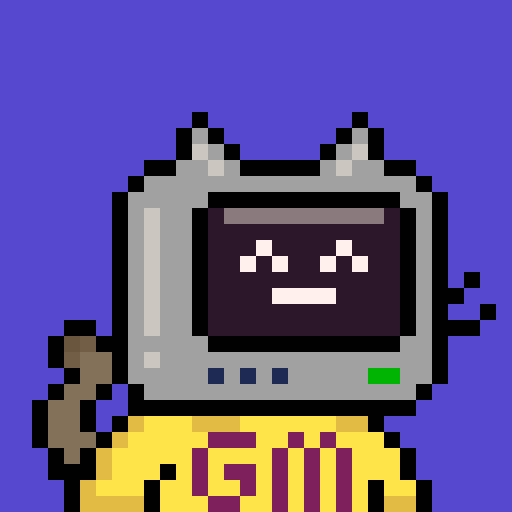 A pixel art illustration of a white robot-like character with a smiling screen face, cat ears, and a yellow shirt displaying "GIII".
