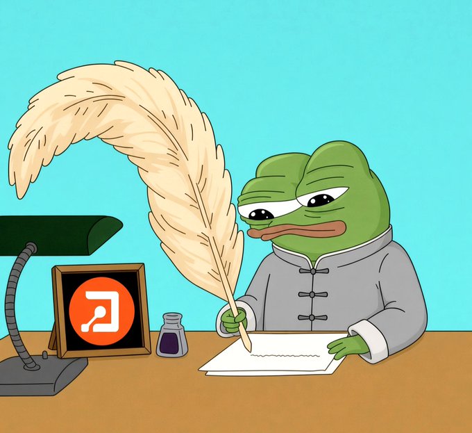 A cartoon illustration of a grumpy-looking Pepe the Frog character wearing a gray traditional Chinese jacket, holding a large quill pen and writing on paper at a desk with an ink bottle and a logo sign.