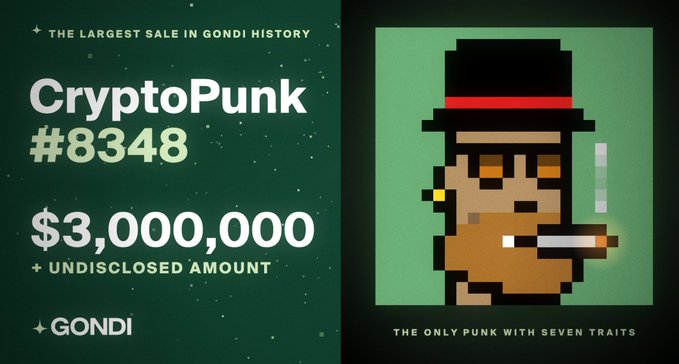 An advertisement for the sale of "CryptoPunk #8348" for "$3,000,000 + UNDISCLOSED AMOUNT" by GONDI, noting it is "THE ONLY PUNK WITH SEVEN TRAITS."
