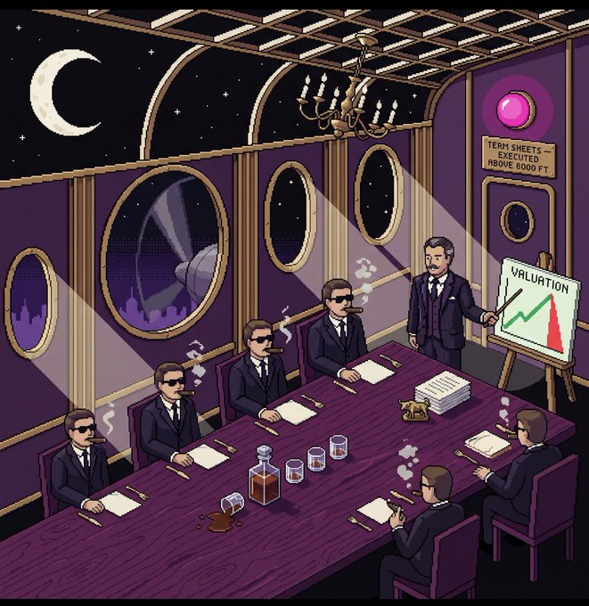 A pixel art illustration showing several suited men with sunglasses smoking cigars at a long purple table in a luxurious room, while one man presents a 'VALUATION' chart on an easel, with a sign reading 'TERM SHEETS - EXECUTED ABOVE 6000 FT'.