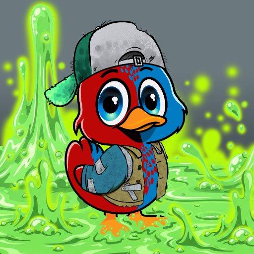 A cartoon illustration of a small bird character wearing a green and white cap and a denim vest, standing in splashing green slime.