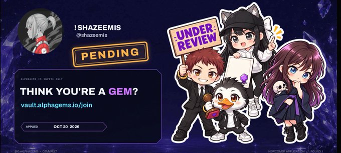 A Twitter/X banner for user '! SHAZEEMIS' (@shazeemis) showing a 'PENDING' application status for 'vault.alphagems.io/join' with the text 'THINK YOU'RE A GEM?' and anime-style cartoon characters.