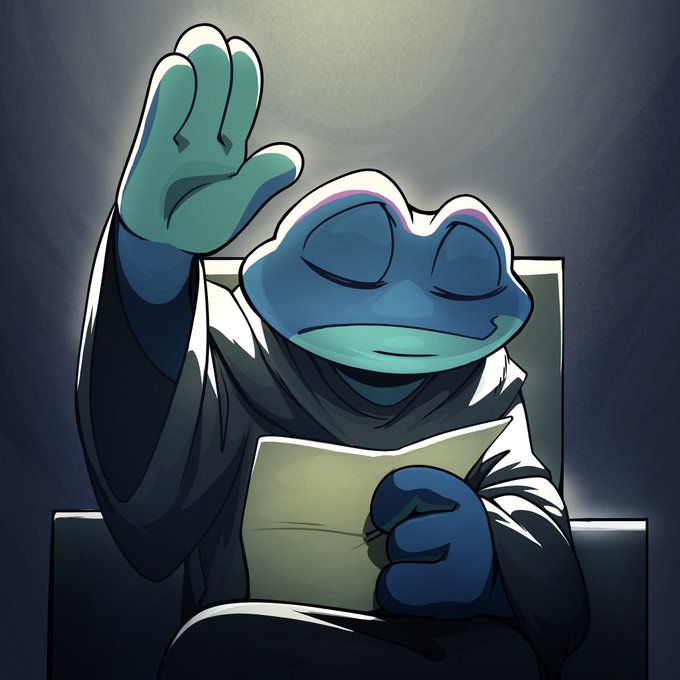 The image features a cartoon frog sitting in a chair, with its arms raised up in the air as if waving or making a gesture of greeting. The background appears dark, which contrasts with the bright colors used for the frog's face and hands. The caption "In Snek we trust" is written below the image, suggesting that the frog might be associated with the Snek brand or logo.