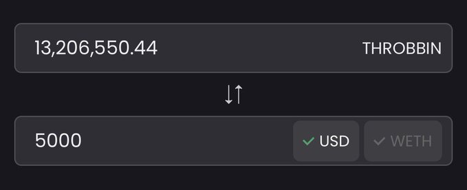A cryptocurrency swap interface showing an exchange rate between 'THROBBIN' and '5000' with 'USD' and 'WETH' currency options.