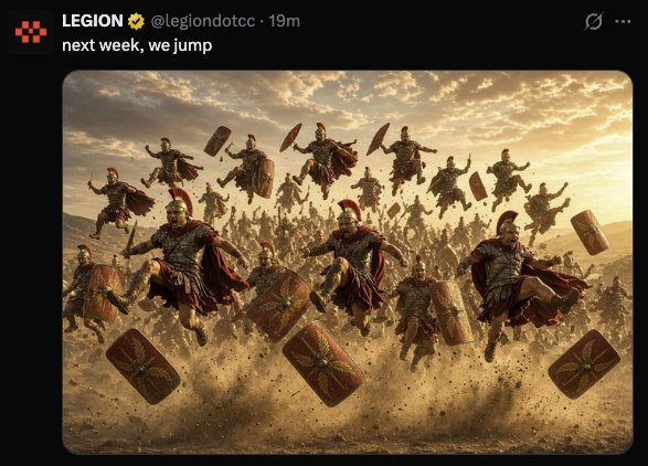 A tweet from LEGION (@legiondotcc) saying 'next week, we jump' accompanies an AI-generated image of Roman soldiers with shields charging across a dusty battlefield.