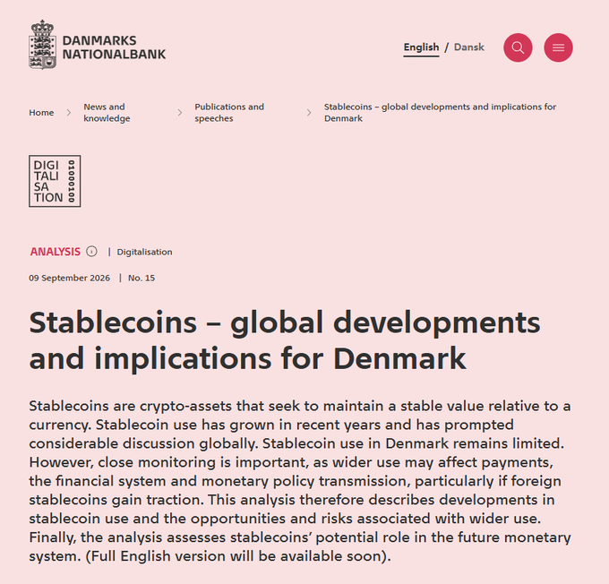 Screenshot of a Danmarks Nationalbank analysis titled 'Stablecoins – global developments and implications for Denmark' from 09 September 2026.