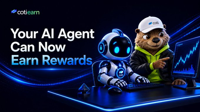 A promotional banner for COTI Earn Season 4 features a robot and a bear mascot in a cap, alongside text reading "Your AI Agent Can Now Earn Rewards," highlighting the post's message about deploying AI agents with COTI Agent Skills to earn TPS rewards through Carbon DeFi and PriveX liquidity.