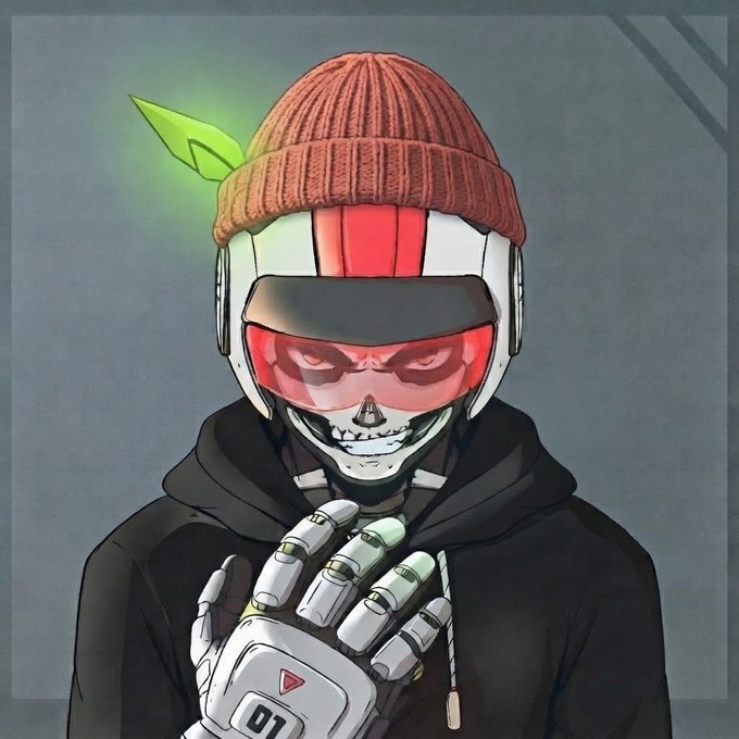 A digital illustration of a cyborg/robot character with a skull-like face, wearing a brown beanie with a green leaf and a red visor, making a hand gesture.