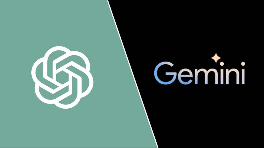 A split graphic with a green left side featuring the ChatGPT logo and a black right side featuring the 'Gemini' text logo with sparkles, representing the two AI companies.