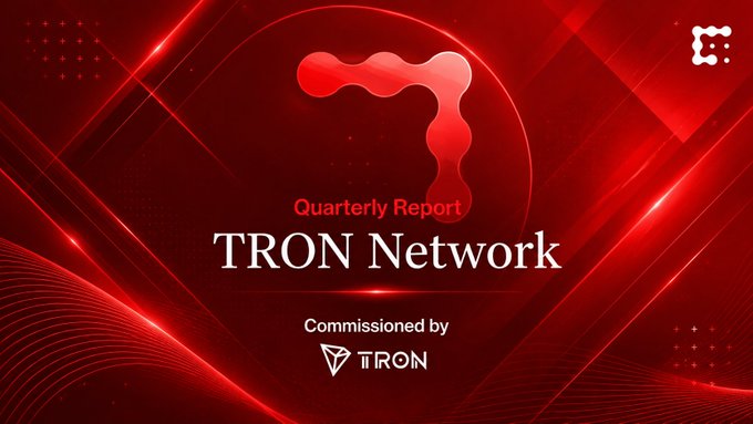 A red-themed presentation slide displays the TRON Network logo with text reading 'Quarterly Report' and 'Commissioned by TRON' in a sleek, modern design.