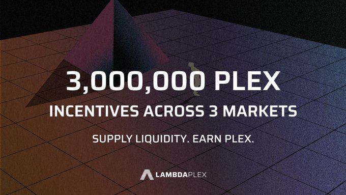 A LambdaPlex promotional graphic advertising '3,000,000 PLEX INCENTIVES ACROSS 3 MARKETS' with the call to action 'SUPPLY LIQUIDITY. EARN PLEX.'