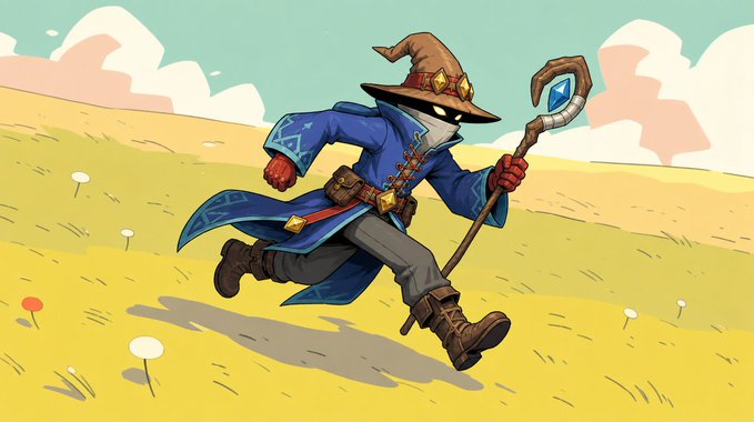 An illustrated character of a wizard or mage wearing a brown pointed hat with goggles, a blue robe, and carrying a staff with a blue crystal, running across a yellow grassy field.