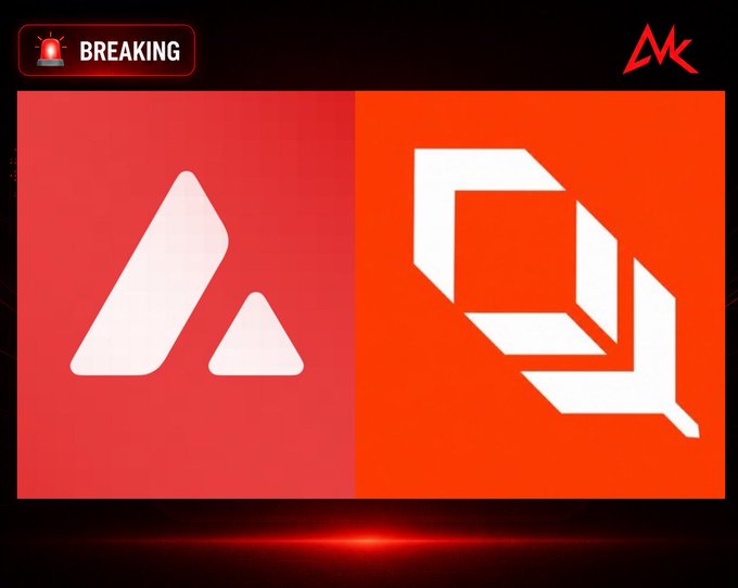 'BREAKING' news graphic with red background split between the Avalanche (AVAX) logo on the left and an orange section with a white geometric logo on the right, with an 'MK' watermark.