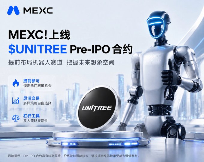 A MEXC promotional graphic featuring a humanoid robot and the UNITREE logo, advertising the $UNITREE Pre-IPO contract with text in Chinese.
