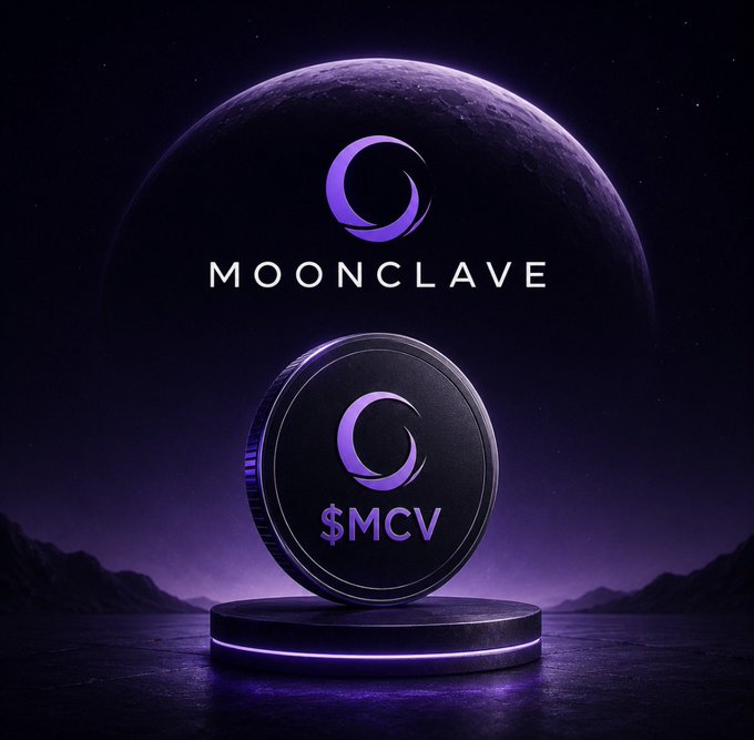 The image showcases a stylized promotional graphic for "MOONCLAVE," featuring a glowing purple crescent moon logo above a metallic coin marked "$MCV" displayed on a circular pedestal under a large moonlit sky. The cosmic, mystical aesthetic visually reinforces the post's message about Moonclave as a crypto ecosystem where early participants can earn involvement through its expanding offerings.