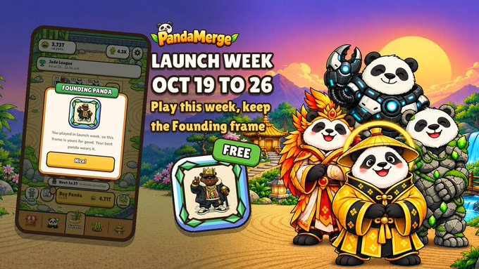 Promotional banner for Panda Merge's launch week (Oct 19 to 26), featuring a "Founding Panda" NFT frame given free to players who play during the event. The image showcases panda characters alongside the in-game "Nice" reward notification, matching the post's announcement of new features and a Seeker owners' gift.