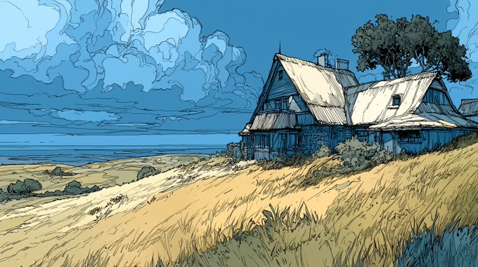 An illustrated artwork depicting a rustic, multi-level wooden house with a sloped roof situated on a grassy coastal landscape, overlooking the sea under a cloudy blue sky.