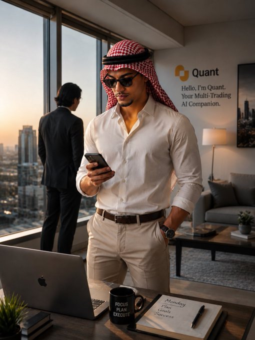 A man in a red and white keffiyeh checks his phone in a modern high-rise office, with the "Quant - Hello, I'm Quant. Your Multi-Trading AI Companion." logo displayed on the wall and a notebook on his desk reading "Monday Focus Plan Execute" alongside a "Focus Plan Execute" mug, illustrating Quant AI's role in helping traders move from market research to action.