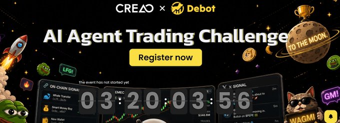 The image is a promotional banner for the "AI Agent Trading Challenge," a collaboration between Creao and Debot, featuring a countdown timer displaying "03:20:03:56" with an on-chain signal dashboard and a "Register now" call-to-action button. The challenge invites participants to use real money, connecting via Robinhood wallets with a starting balance of 0.1 ETH to trade in a live, no-simulations competition.