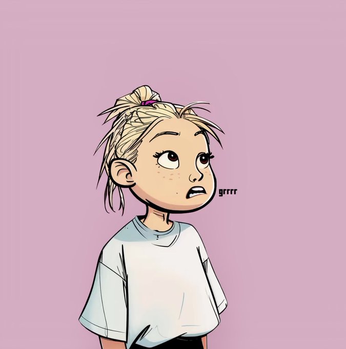 A cartoon-style illustration of a young woman with blonde hair in a messy bun, freckles, and an annoyed expression, wearing a white t-shirt against a pink background with 'grrrr' written near her.