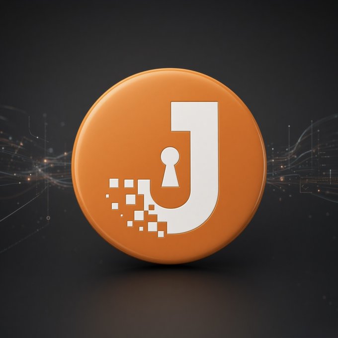 A stylized orange circular icon features a white letter "J" with a keyhole shape, accompanied by pixelated squares dissolving from its base. The imagery visually reinforces the post's message about Juno Cash's privacy features, symbolizing how the cryptocurrency remains untraceable and free from transparent addresses or transaction graphs—truly private by design.