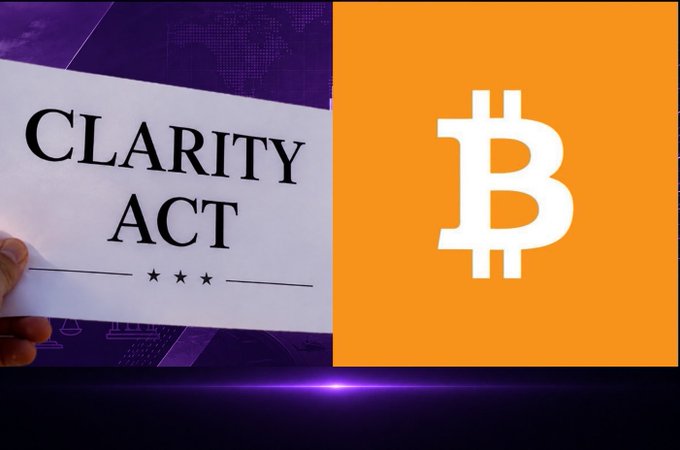 A split-screen image with a document labeled 'CLARITY ACT' on the left and the orange Bitcoin logo on the right.