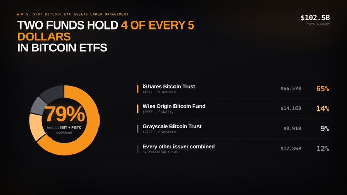 The image shows a financial chart with two funds holding 4 dollars each out of every 5 dollars invested into Bitcoin ETFs. The chart displays the fund amounts held by different funds, indicating that Fidelity has the largest hold, followed by BlackRock, Bitcoincash and others, while Bitcoind's fund holds the smallest portion of the money. This information can help investors understand which Bitcoin ETFs they have invested in and how those funds perform relative to each other in the market.