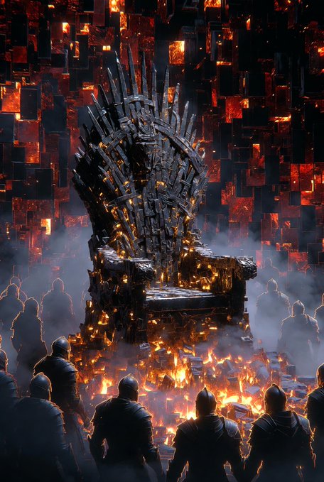 A dramatic, dark fantasy artwork depicting a throne made of swords, surrounded by fire and shadowy armored figures, reminiscent of the Iron Throne from Game of Thrones.