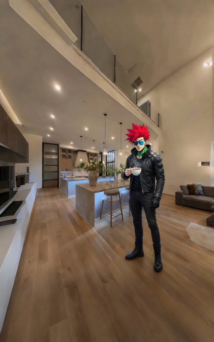 A person wearing a black leather jacket, black pants, and a green-faced mask with spiky red hair stands in a modern open-concept home holding a cup, with a kitchen and living area visible in the background.