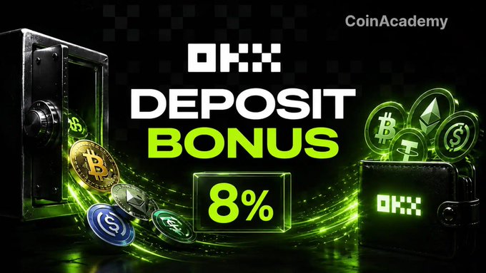 A promotional banner from CoinAcademy advertising an 8% deposit bonus on OKX, featuring a vault overflowing with Bitcoin, Ethereum, and other cryptocurrency coins alongside the "DEPOSIT BONUS 8%" text. The image visually reinforces the post's message about OKX's limited-time deposit bonus campaign offering up to €5,000.