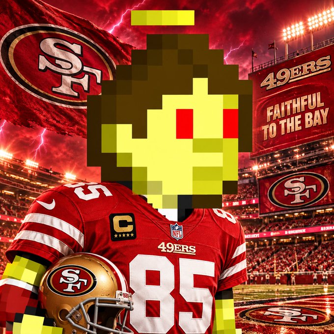 A digital artwork of a 49ers football player in a red jersey with the number 85, featuring a pixelated Minecraft-style head.