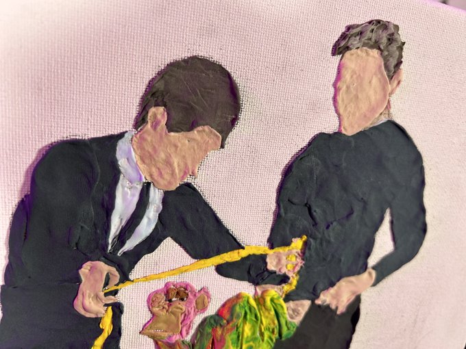 An impressionistic painting depicts two faceless men in dark suits, one holding a yellow measuring tape extended toward a colorful bouquet of flowers.