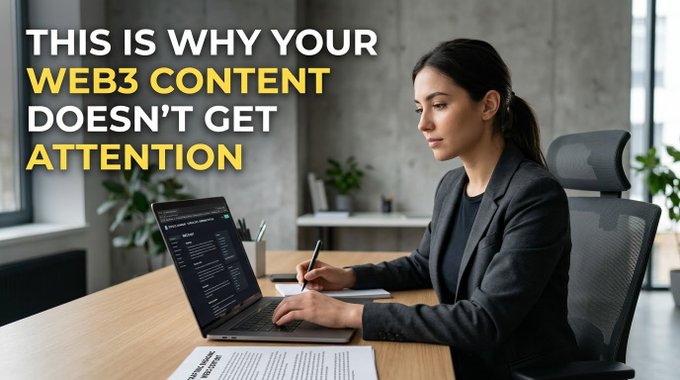 A woman in a dark blazer working on a laptop at a desk, with text overlay reading 'THIS IS WHY YOUR WEB3 CONTENT DOESN'T GET ATTENTION'.
