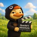 urny, a cartoon duck character, holds a black sign with "Quacker's Adventures" written on it against a backdrop of a green field and blue sky.