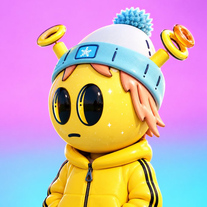 A 3D-rendered yellow character with large dark eyes wearing a blue and white beanie with a pom-pom and a yellow puffer jacket, set against a pink and blue gradient background.
