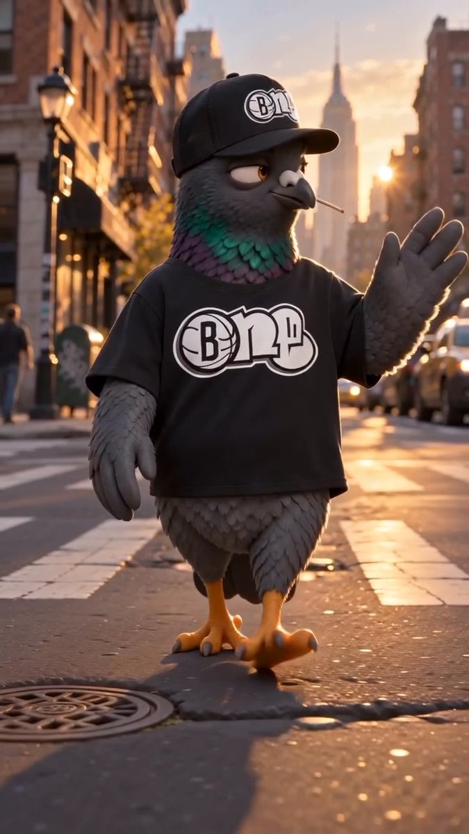 An anthropomorphic pigeon wearing a black "BNP" cap and matching t-shirt stands on a city street at sunset, with the Empire State Building visible in the background.