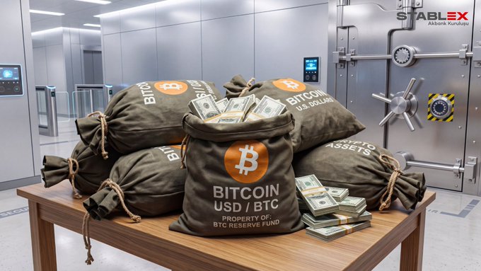 A promotional image showing several brown sacks labeled 'BITCOIN USD / BTC PROPERTY OF: BTC RESERVE FUND' filled with cash, placed on a table in front of a vault, with 'STABLEX' branding visible.