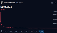 This image shows a cryptocurrency chart for "Melania Meme" with the ticker "MELANIA," displaying a price of $0.07324 and a massive loss of over 90%. The image directly illustrates the drastic financial loss implied by the accompanying post about investing in "Melania Coin."